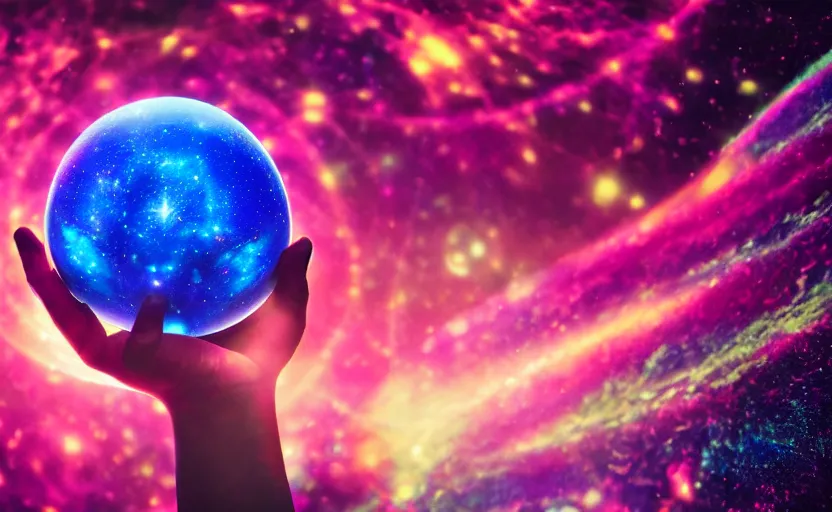 Image similar to pro - vida, cosmic integration, closeup of a hand holding spheres of power, cosmic color scheme, macro up view, neon, glow, darkness, dramatic, sharp focus, octane render, imax