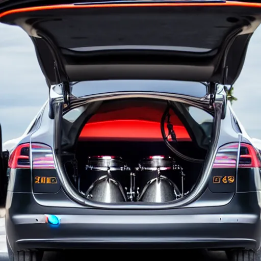 Image similar to a drum player playing the drums in the trunk of a tesla