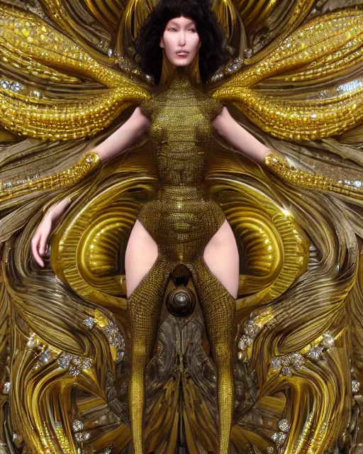 Image similar to a highly detailed metahuman 4 k close up render of an alien goddess bella hadid as alien in iris van herpen dress schiaparelli in diamonds crystals swarovski and jewelry in style of alphonse mucha gustav klimt trending on artstation made in unreal engine 4