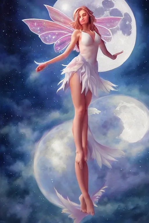 Image similar to attractive fairy magically floating high in the night, fantasy, full moon in background. highly detailed painting by artgerm, mid shot, 8 k