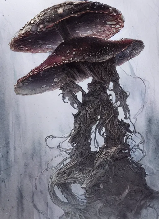 Image similar to humanoid mushroom wizard, watercolor, dramatic lighting, cinematic, establishing shot, extremely high detail, foto realistic, cinematic lighting, pen and ink, intricate line drawings, by Yoshitaka Amano, Ruan Jia, Kentaro Miura, Artgerm, post processed, concept art, artstation, matte painting, style by eddie mendoza, raphael lacoste, alex ross