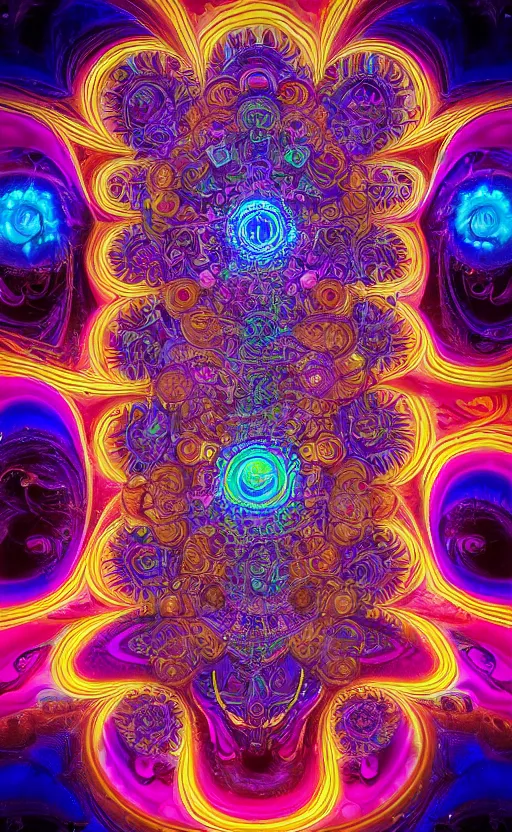 Prompt: visionary eye sacred geometry of a mandelbulb eco - system in a nebula of neon psychedelic colors with precise details, perfect symmetry, dmt 5 th dimension, vivid colors, neon colors, by alphonse mucha and gustave dore, unreal engine 8 k hdr psychedelic photorealism