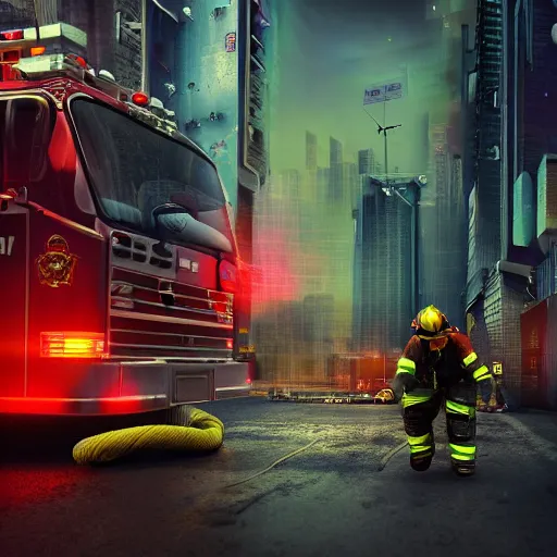 Image similar to cyberpunk mushrom as a firefighter in the city in action, cinematic, high definition, digital art, artstasion, deep depth of field