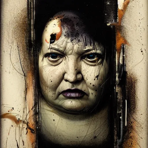 Image similar to portrait of the face of big fat old sumoringer as despair from sandman, venus of willendorf, by jeremy mann, by gregory crewdson, by bastien lecouffe deharme, by russ mills, sad face, topknot, black hair, mourning, black eyes, white room, soft lightning, high detailed, 8 k