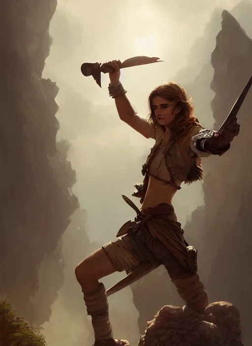 Image similar to hyper realistic photo of prehistoric pirate emma watson, full body, rule of thirds, conceptart, saturated colors, cinematic, greg rutkowski, brom, james gurney, mignola, craig mullins, artstation, cgsociety