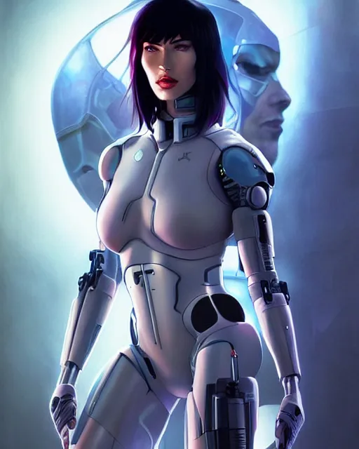 Prompt: still portrait photo of megan fox as the major ghost in the shell as cyborg woman by pixar, by weta, wlop, ilya kuvshinov, rossdraws, artgerm, maxim cover, latex, sweaty, iridescent, bright morning, anime, liosh, mucha