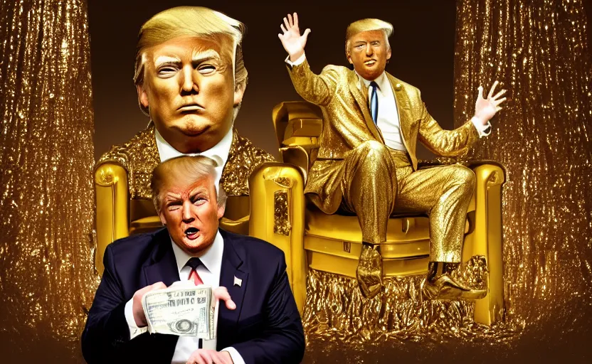 Prompt: golden donald trump sitting on a golden toilet in a bathroom covered in money and diamonds