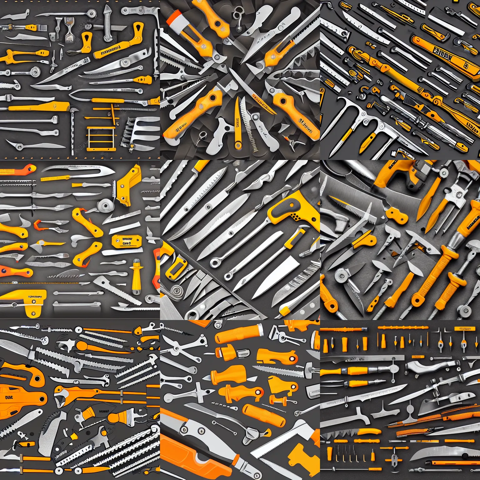 Prompt: overhead view of lots of stanley tools, saws, knives, spanners, screwdrivers, wrenches, hammers, all arranged to form an outline of a large hammer, digital illustration