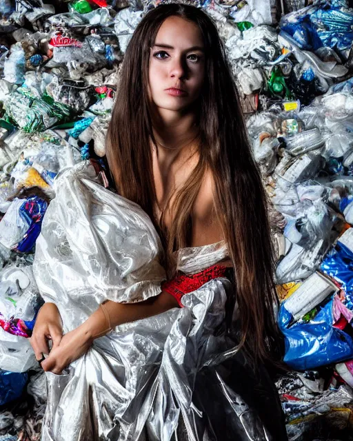 Prompt: a beautiful photo of a Young female with long hair and reflective eyes, Queen of trash wearing a gown made of plastic bags and trash, surrounded by trash all around and in the background, top cinematic lighting , very detailed, shot in canon 50mm f/1.2