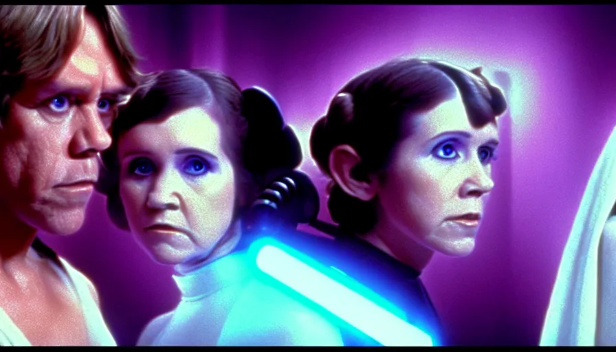 Prompt: screenshot portrait of Luke Skywalker and Princess Leia, facing off against an incredibly haunting female sith lord in white, on a sith planet of purple magic maelstrom, iconic scene from the 1970s sci fi thriller film by Stanley Kubrick, HR Geiger, stunning cinematography, hyper-detailed, sharp, anamorphic lenses, kodak color stock, 4k, stunning