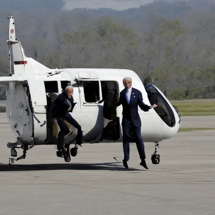 Image similar to joe biden jumping out of an airplane ready for war, sharp detailed photo