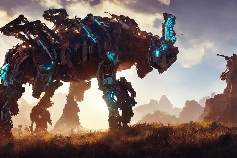 Image similar to thunderjaw machine mecha animal beast robot of horizon forbidden west horizon zero dawn bioluminiscence global illumination ray tracing hdr fanart arstation by sung choi and eric pfeiffer and gabriel garza and casper konefal