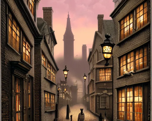 Image similar to closeup profile portrait of victorian london streets, mark ryden, lostfish, max fleischer, hyper realistic, artstation, illustration, digital paint, matte paint, vivid colors, bright, cheerful, detailed and intricate environment