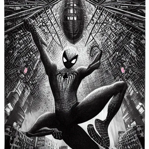 Prompt: dark portrait of a majestic Spiderman, ultra-detailed pen and ink illustration, vibrant colour, cannabis!!!!, matte painting, modern concept art, 8k, impossible fine lines and details, divine background, by John Kenn Mortensen