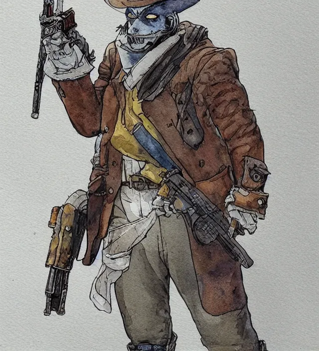 Prompt: a watercolor ink painting of an anthropomorphic bunny mercenary / gunslinger posing with their revolver - rifle in the style of jean giraud in the style of moebius trending on artstation deviantart pinterest detailed realistic hd 8 k high resolution