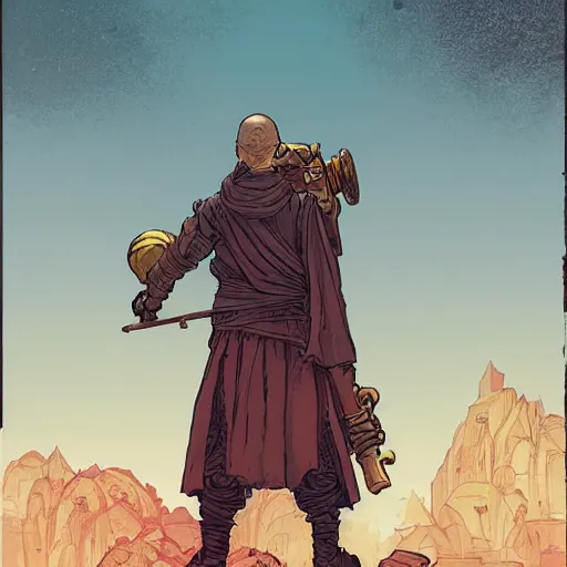 Image similar to portrait of the back of a monk with a mace, standing, Borderlands and by Feng Zhu and Loish and Laurie Greasley, Victo Ngai, Andreas Rocha, John Harris