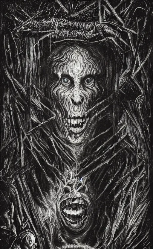 Prompt: portrait of lovecraftian jerma surrounded by beams of light dark background by wayne barlow, stanley donwood, anton semenov, zdzislaw bekinski, hr giger, 8 k, fantasy, dark, highly detailed