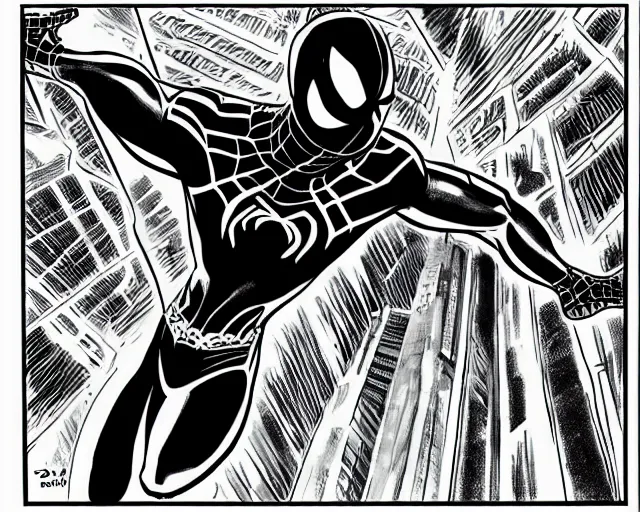 Image similar to photorealistic sketch of black spider - man with gold webbing by steve ditko