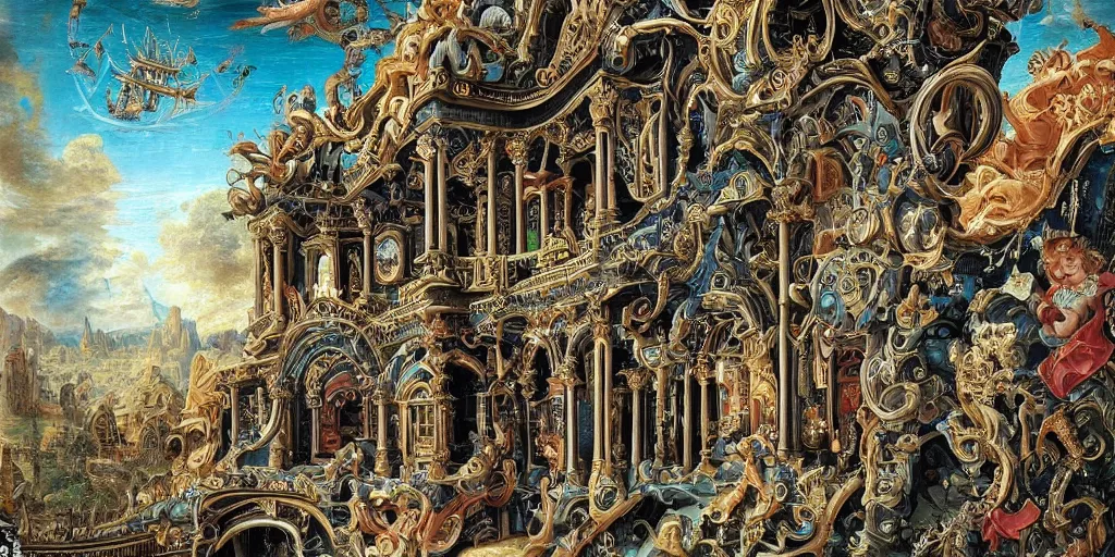 Image similar to beautiful!!! ornate heavenly!!! black!! rococo megastructure in the style of heironymus bosch, colorful intricate masterpiece, hyper detailed, hd