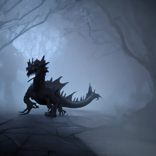 Image similar to a highly detailed ghastly shot of a (dragon) made of black fog and obscure shadow, creating an ominous presence, artstation, deviantart, unreal engine 5 render