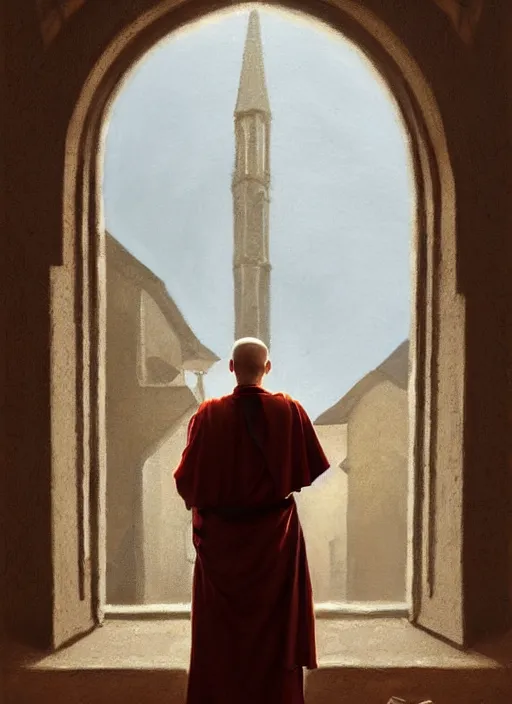 Image similar to oil painting of a dominican monk in brown robes, looking out of a monastery window contemplatively, a majestic cathedral in the background, digital art, artstation, cinematic, golden hour, digital art painting by greg rutkowski