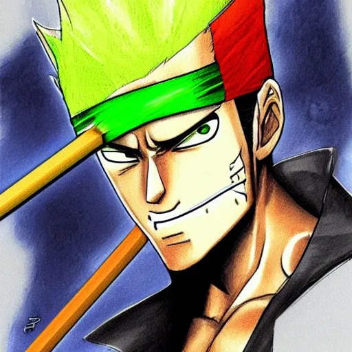 Image similar to colourful pencil sketch of zoro from one piece using mops, beautiful, masterpiece, digital art, detailed, trending on artstation