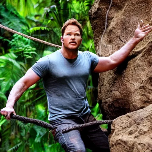 Image similar to Chris Pratt playing India Jones, crossing a rope bridge across a huge chasm in the jungle, machete in hand