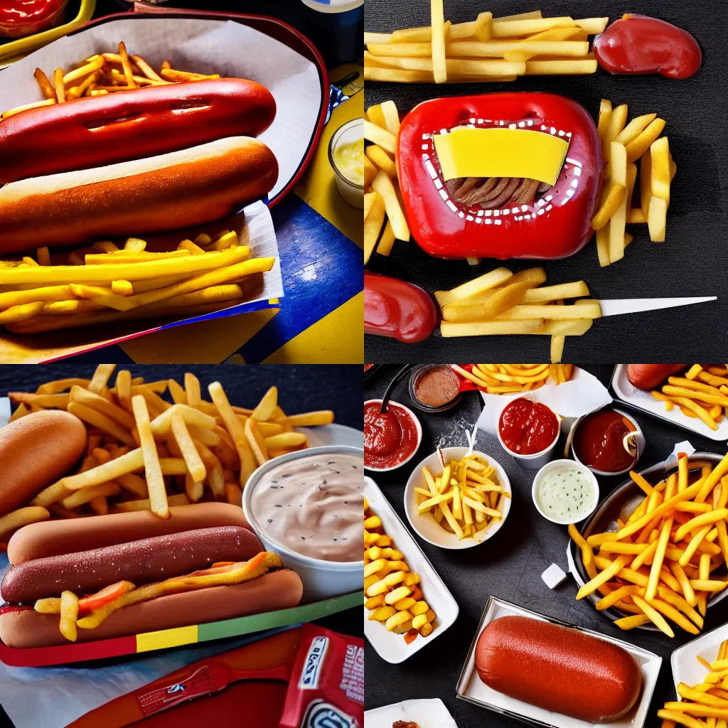 Prompt: Photograph of a hot dog, ketchup, mustard, relish, onions, fries, stadium, food photography