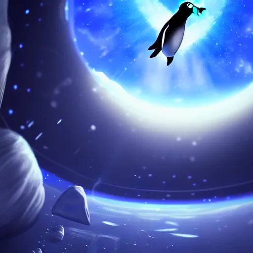 Image similar to magical penguin in a space station looking at the earth , realistic cinematic, volumetric lighting, centered, symmetrical, sharp focus, digital painting, mystical art, smooth, trending on Artstation, 4k