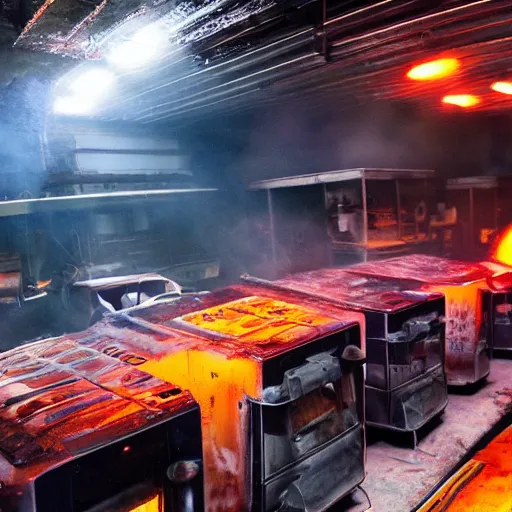 Prompt: toaster ovens on conveyor belt, dark messy smoke - filled cluttered workshop, dark, dramatic lighting, orange tint, sparks, cinematic, highly detailed, sci - fi, futuristic, movie still