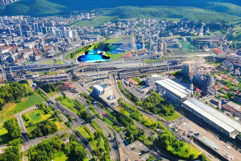 Image similar to bird's eye view photography of a small city. town hall, central farm, monorail station, beach and shipping dock. hills, woods and lake to the north.