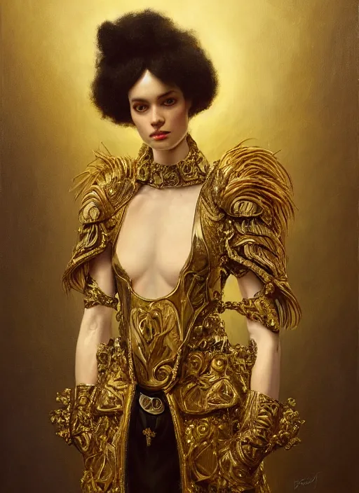 Prompt: highly detailed oil painting | very intricate | cinematic lighting | award - winning | ceremonial blazer armor fashion by alexander mcqueen | by roberto ferri, by tom bagshaw, by j. c. leyendecker and klimt, american romanticism, by austin osman spare, artstation, cgsociety, official art, octane
