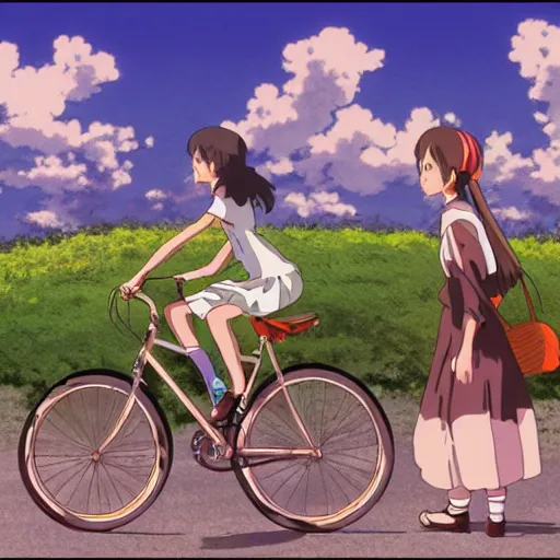 Prompt: anime girl riding bicycle in highly detailed japanese countryside, studio ghibli style, by hayao miyazaki, sharp focus, desaturated, highly detailed, 4k