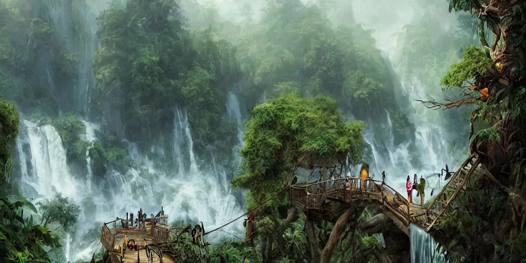 Prompt: jungle rainforest cliffs with treehouse village. tiered catwalks and rope bridges. wooden cabins. foggy valley and mountains fading into the distance, at sunset. waterfalls. neverland. peter pan kids wearing war paint and headdresses, standing on the rope bridges. dinosaurs. magic the gathering card art by greg rutkowski.