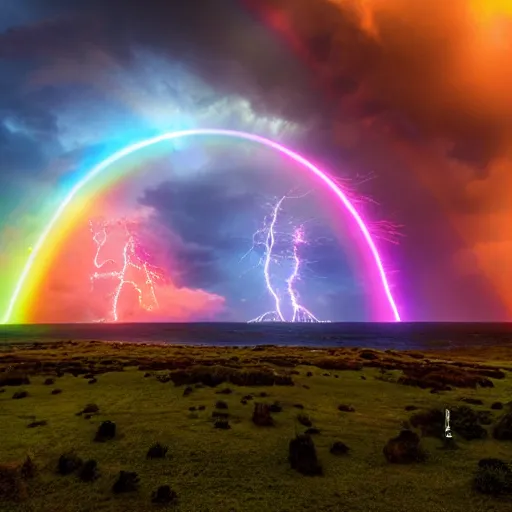 Image similar to Wide-angle shot of an epic sky battle between teams of dragons breathing rainbow fire at one another, over a weltering sea of magic.