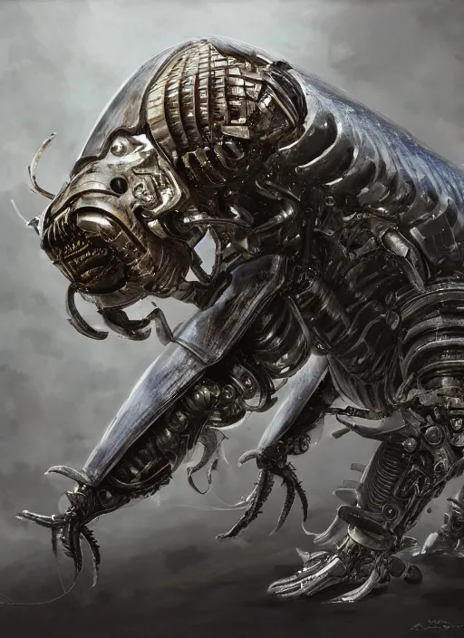 Prompt: a full shot of a giant armored alien isopod, sentient, intelligent, inhuman, carnivorous, cybernetic, scifi, high tech, aggressive, guns attached to claws, powerful, ferocious, angular, edgy, neal asher, leyendecker, rembrandt, detailed concept art rendering, lineart, 4 k post - processing