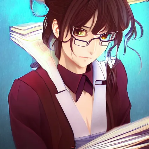 Prompt: portrait of mercy as a bookseller, anime fantasy illustration by tomoyuki yamasaki, kyoto studio, madhouse, ufotable, trending on artstation