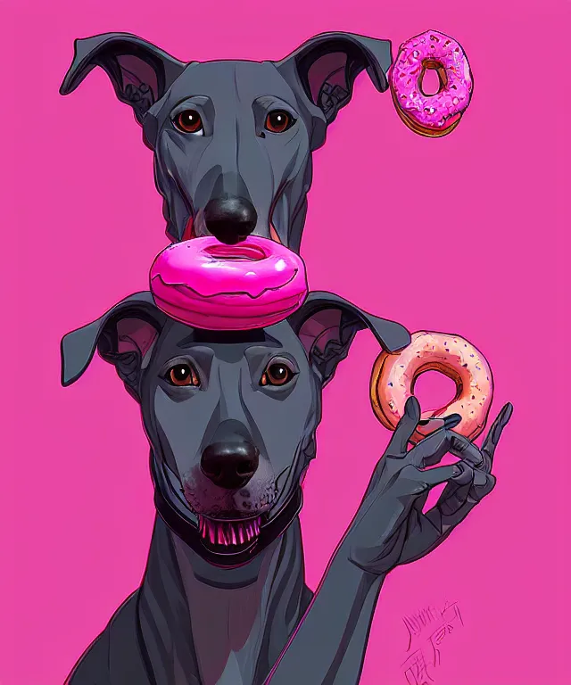 Prompt: a portrait of an anthropomorphic cyberpunk greyhound dog eating a pink donut, cyberpunk!, fantasy, elegant, digital painting, artstation, concept art, matte, sharp focus, illustration, art by josan gonzalez