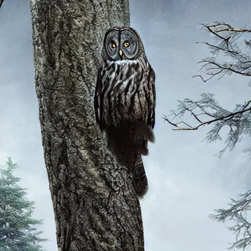 Prompt: an 5 5 - year old man looks at a great grey owl in a tree in front of him, concept art, realistic modern supernatural horror thriller aesthetic, hd 4 k 8 k digital matte painting, by david mattingly and michael whelan and samuel araya. layout in the style of christopher mckenna and gregory crewdson