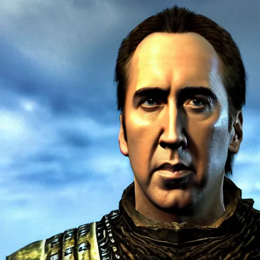 Image similar to Nicholas Cage as a Skyrim character, very detailed, Playstation 1 graphics, whole body, 4k