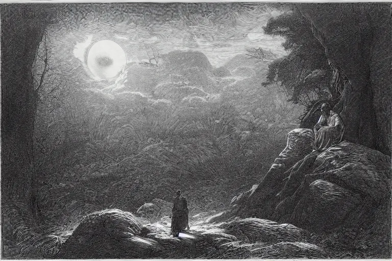 Prompt: an engraving of two men contemplating the moon on a rock in the forest by gustave dore, caspar david friedrich, ian miller, highly detailed, strong shadows, depth, lithograph engraving