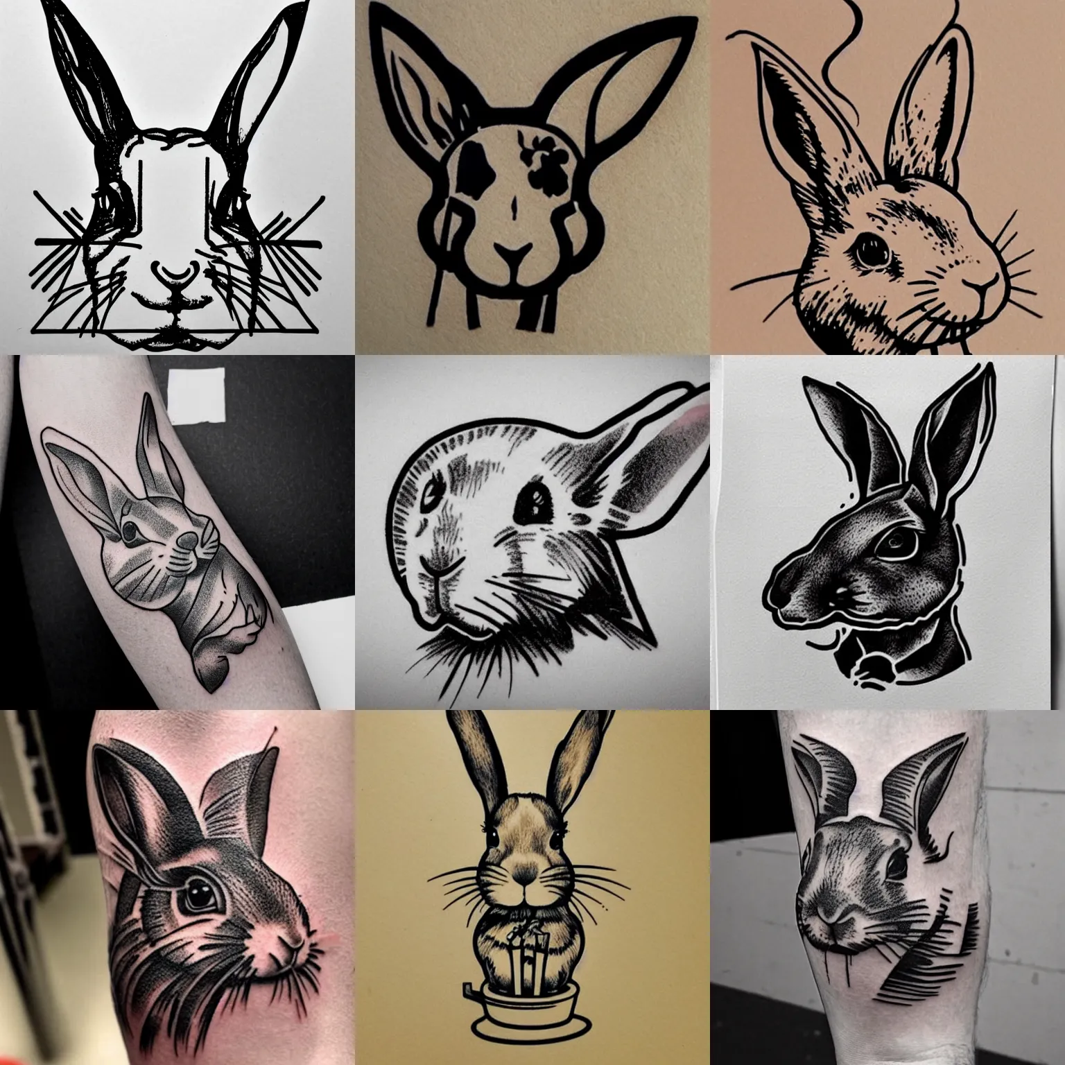 Prompt: well - detailed tattoo stencil of a rabbit smoking a cigarette