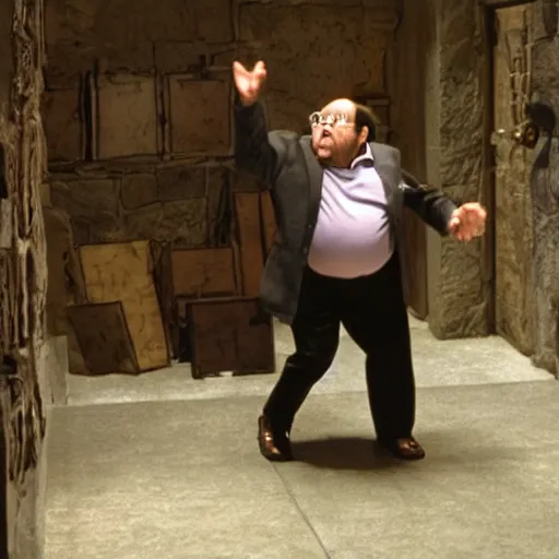 Prompt: Danny Devito dodging a trap in a dungeon