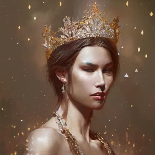 Prompt: a woman with pearl tiara and glittering skin, a detailed painting by greg rutkowski and raymond swanland, featured on cgsociety, fantasy art, detailed painting, artstation hd, photorealistic