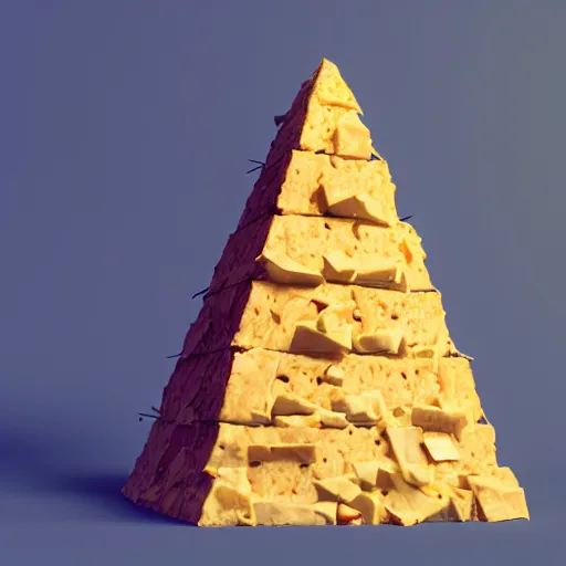 Image similar to Pyramid made of cheese, with a cat head on top, a giant guitar being played, atmospheric octane render