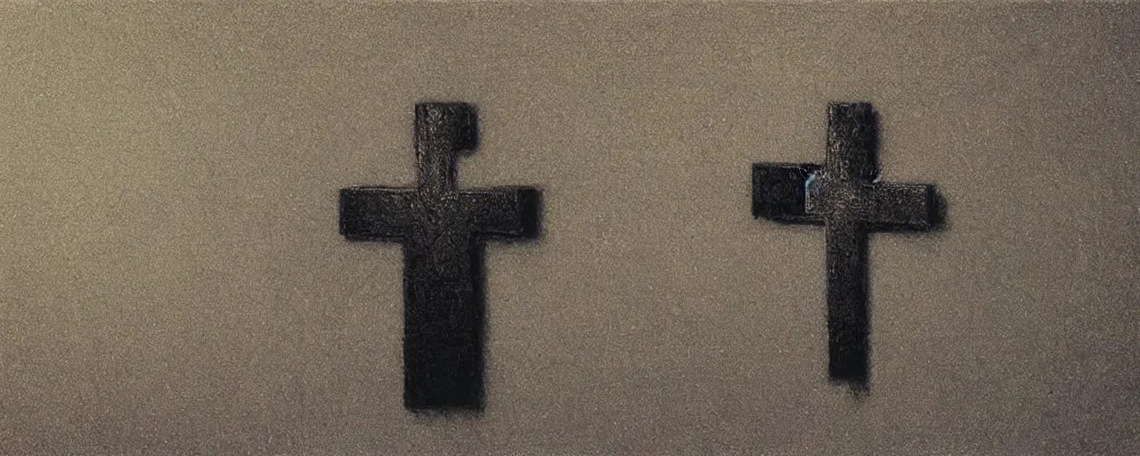 Image similar to a shiny silver cross, black minimalistic background, by Beksinski