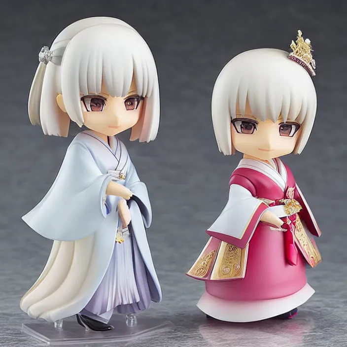 Prompt: a japanese princess young lady, with white hair and bangs!!!! AYAKA, An anime Nendoroid of [Character Here], figurine, detailed product photo