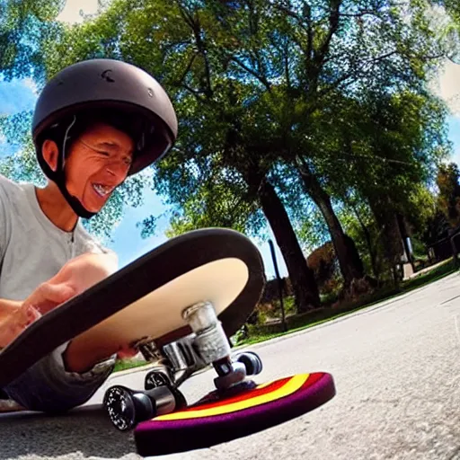 Image similar to cool grandmother skateboard video, fisheye lens, go pro, 4k