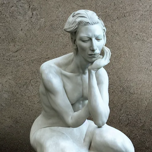 Image similar to sculpture of cate blanchett ,the thinker, by Augusts Rodin photorealism