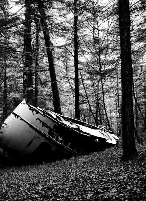 Image similar to crashed vessel in a monochromatic forest